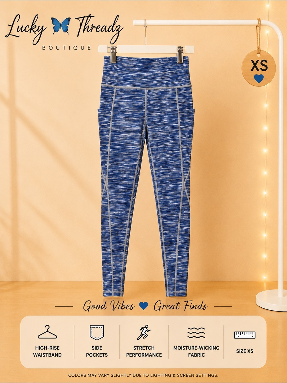 High Waisted Blue Heather Space Dye Athletic Leggings With Pockets Size XS